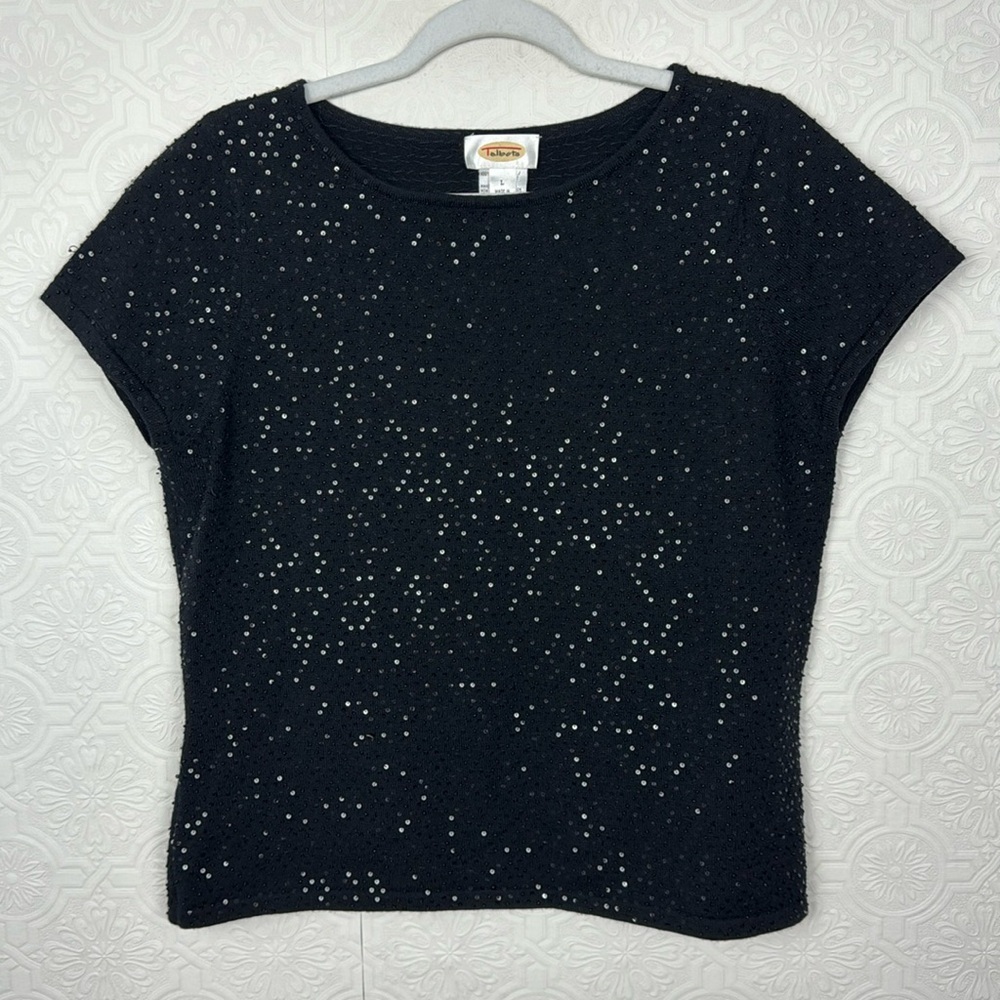 Talbots 100% Merino Wool Sequin Shirt‎ Top Boxy Crew Crewneck Sweater Holiday